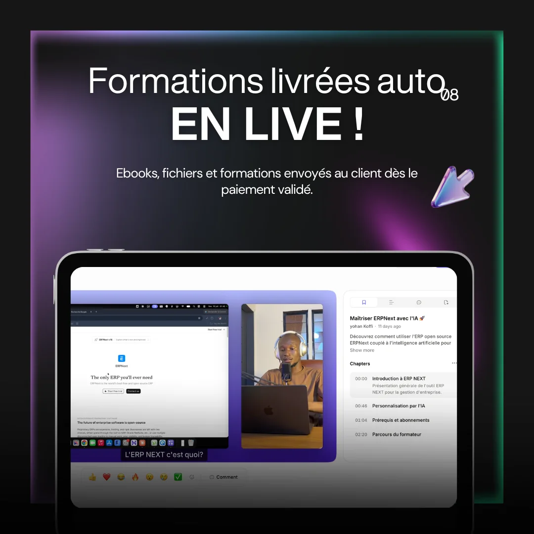 Formations livrées auto : ebooks, fichiers et formations envoyés au client dès le paiement.
