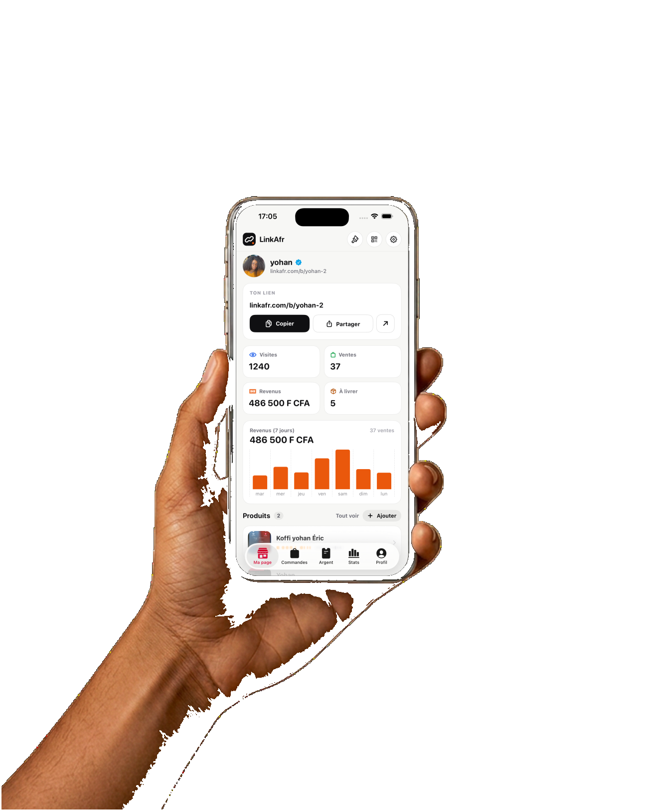Une main tient un téléphone affichant le tableau de bord LinkAfr : 1240 visites, 37 ventes, 486 500 F CFA de revenus